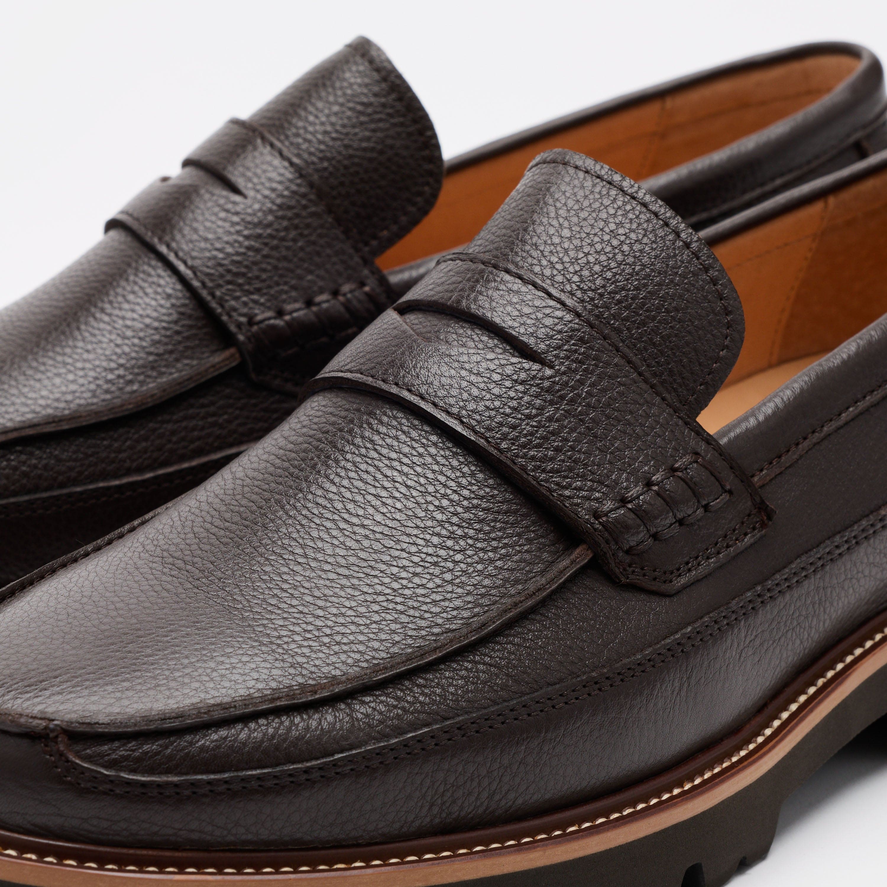 Adler Chocolate Brown Pebble Leather Lug Penny Loafers - Image 3