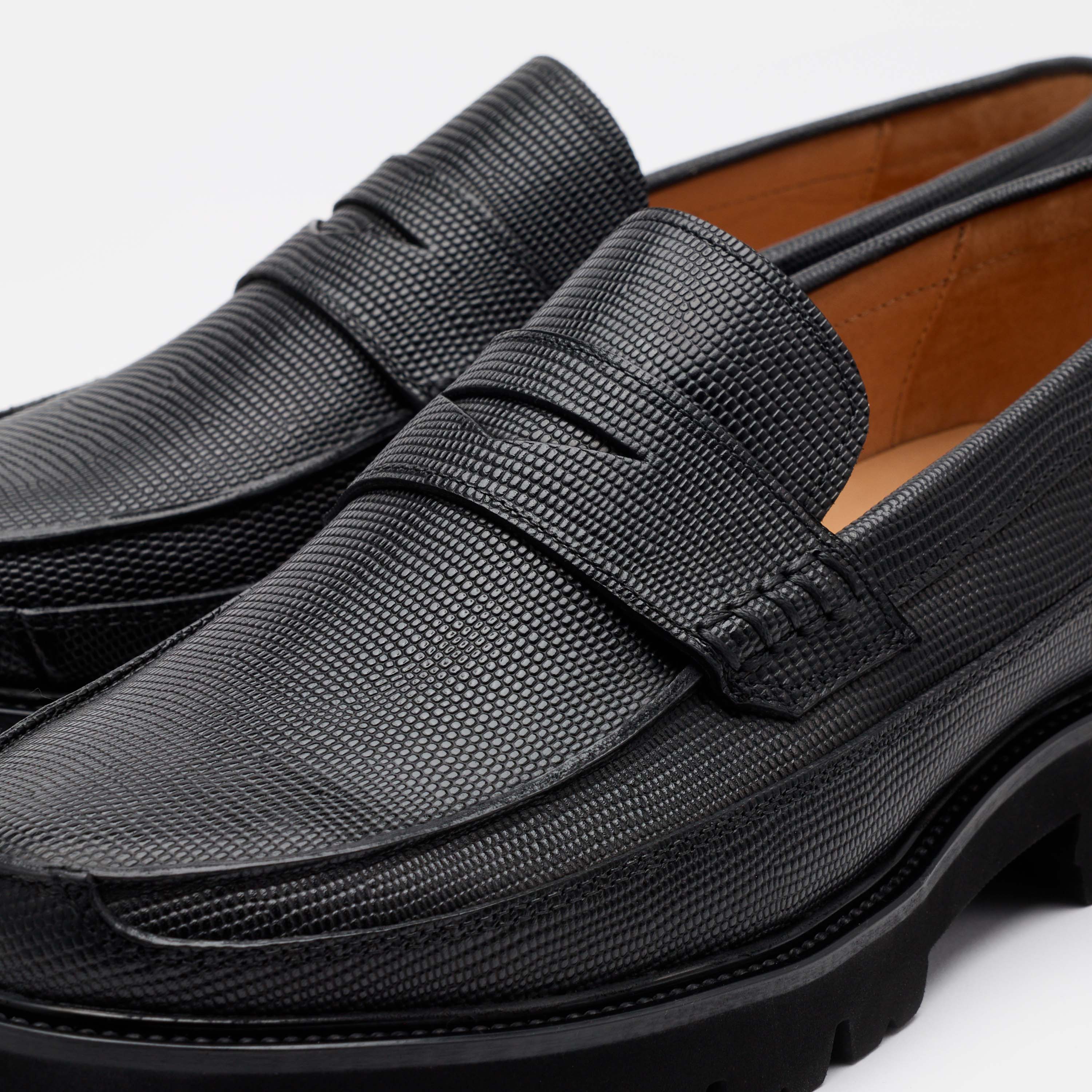 Adler Black Lizard Leather Lug Penny Loafers - Image 3