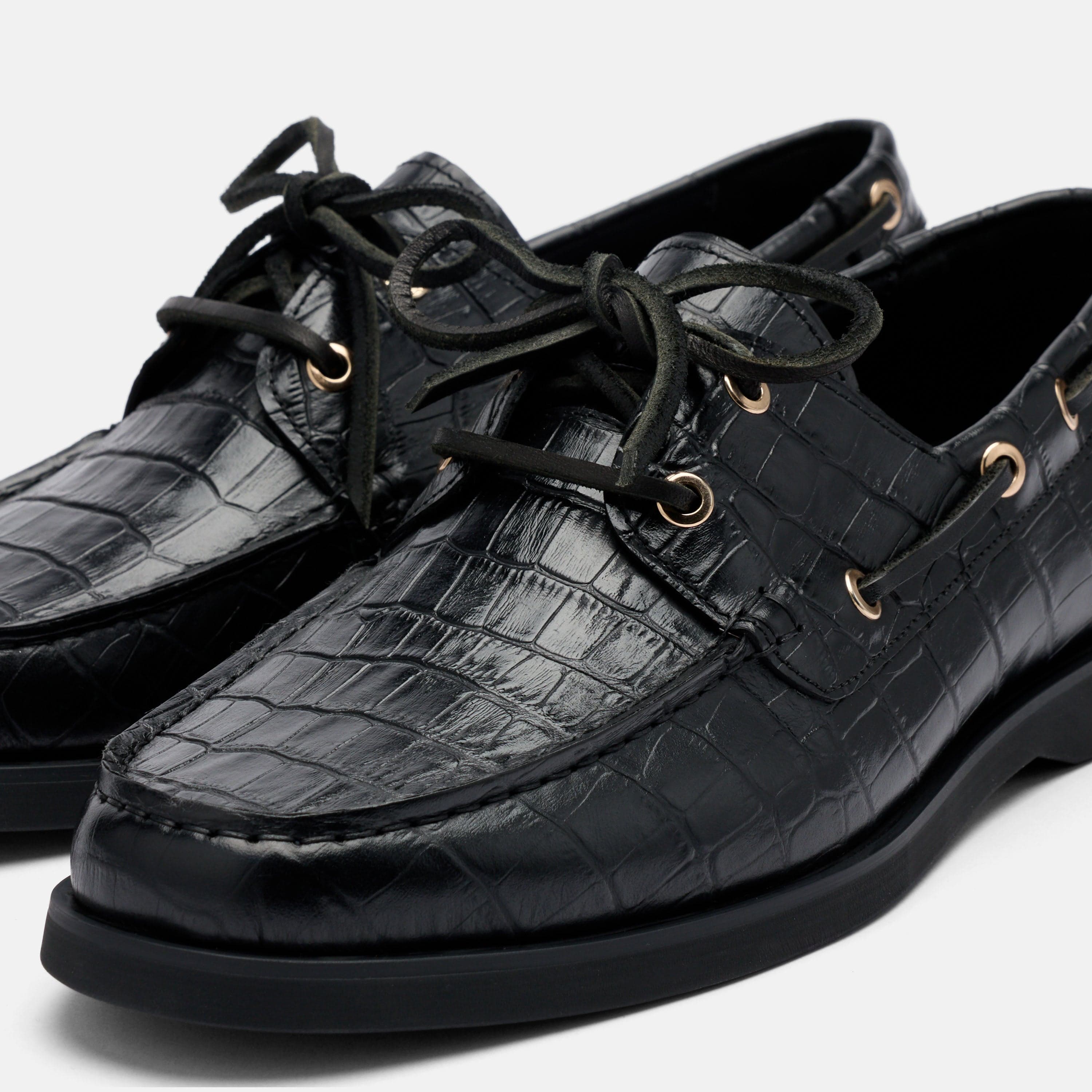 Capri Black Croc Leather Boat Shoes - Image 3