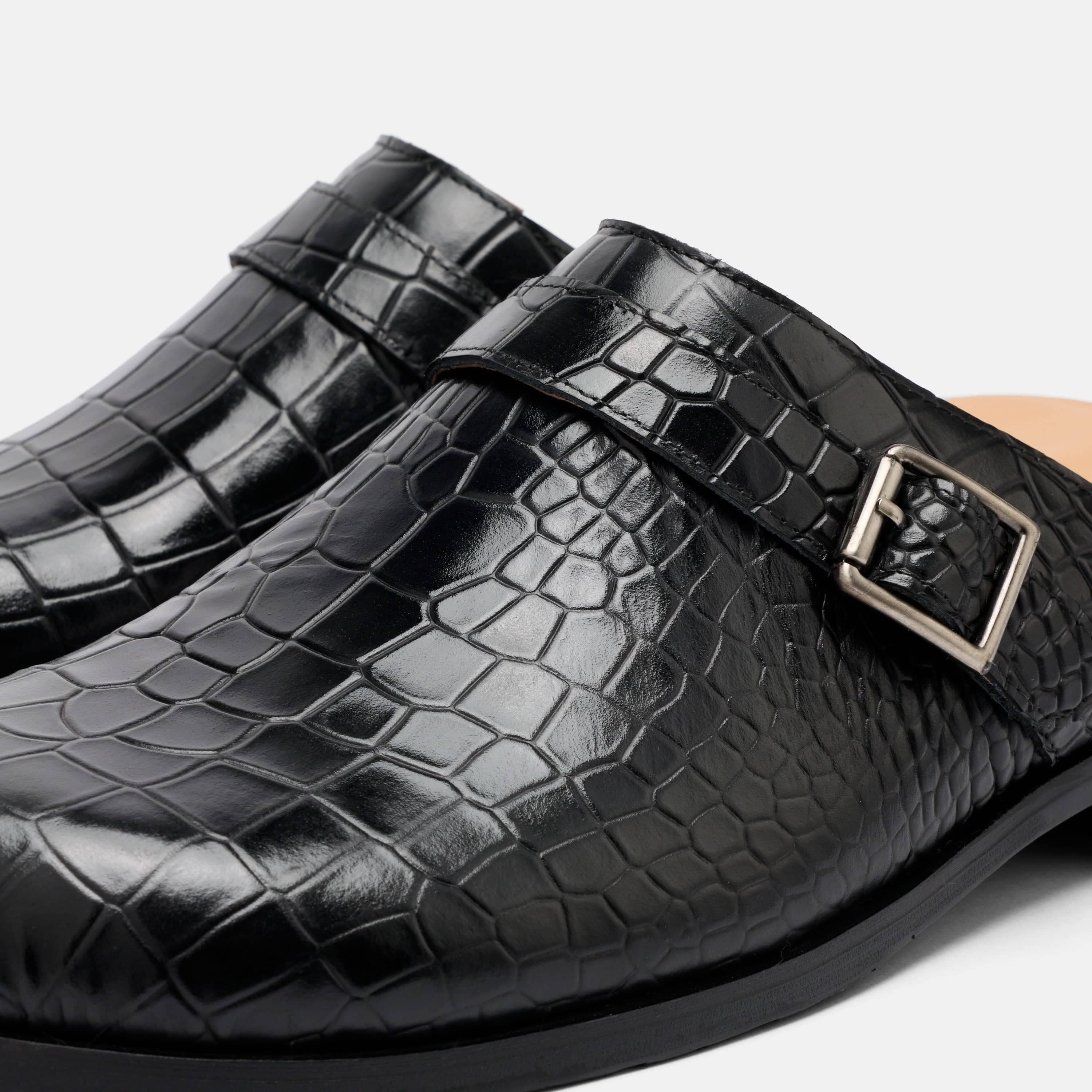 Diego Black Croc Leather Strap Mules - Image 3