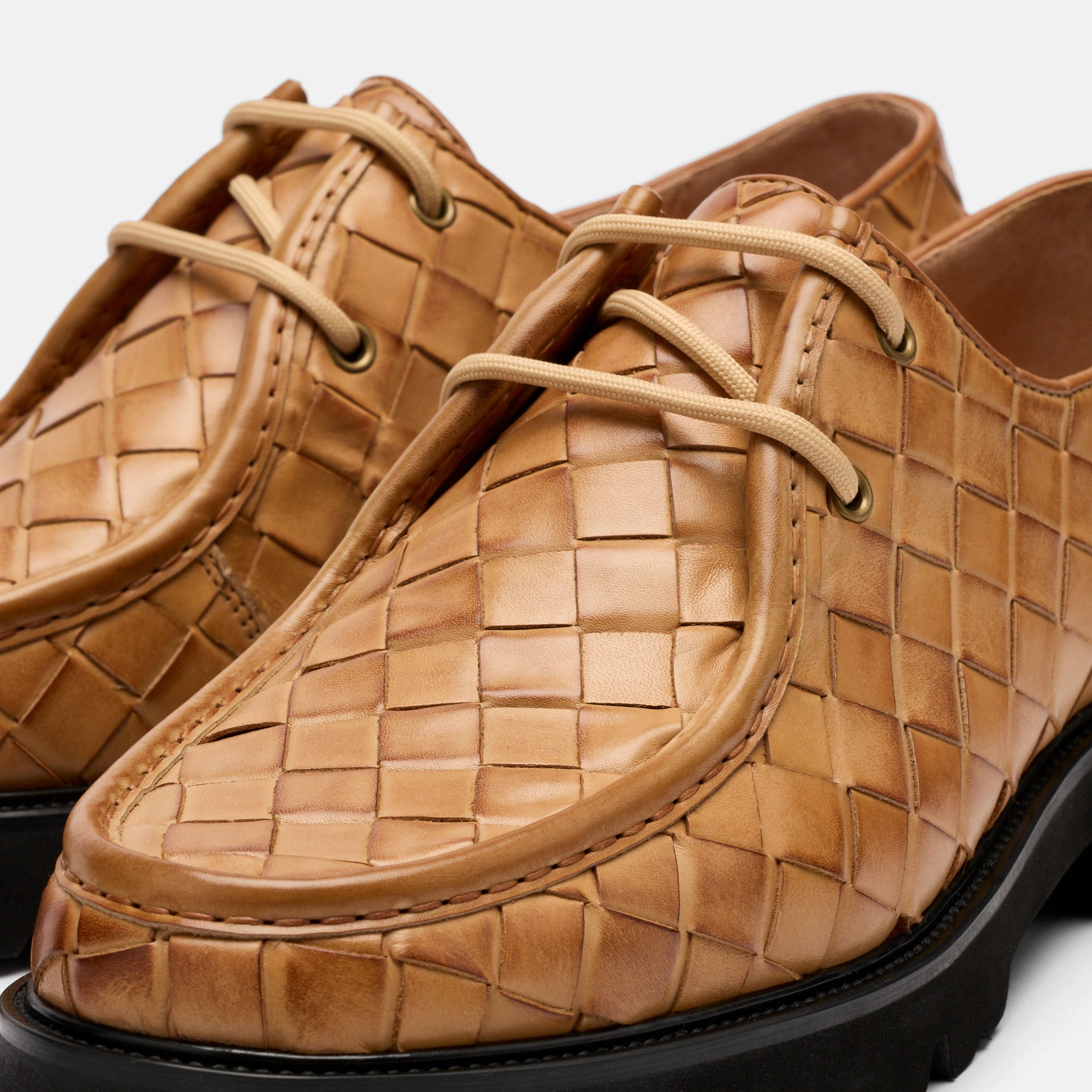 Montana Camel Woven Leather Moc Toe Derbys - Image 3