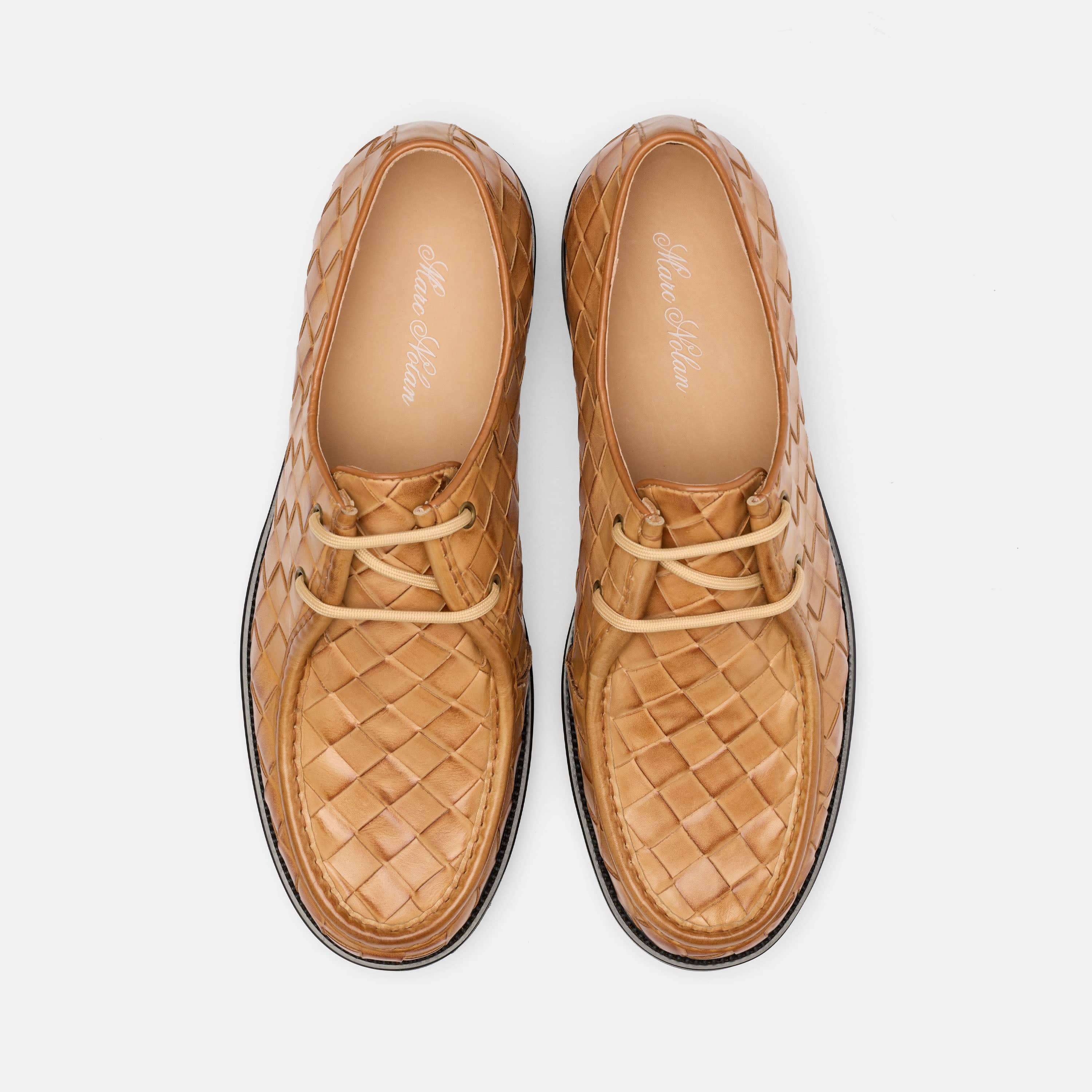 Montana Camel Woven Leather Moc Toe Derbys - Image 5