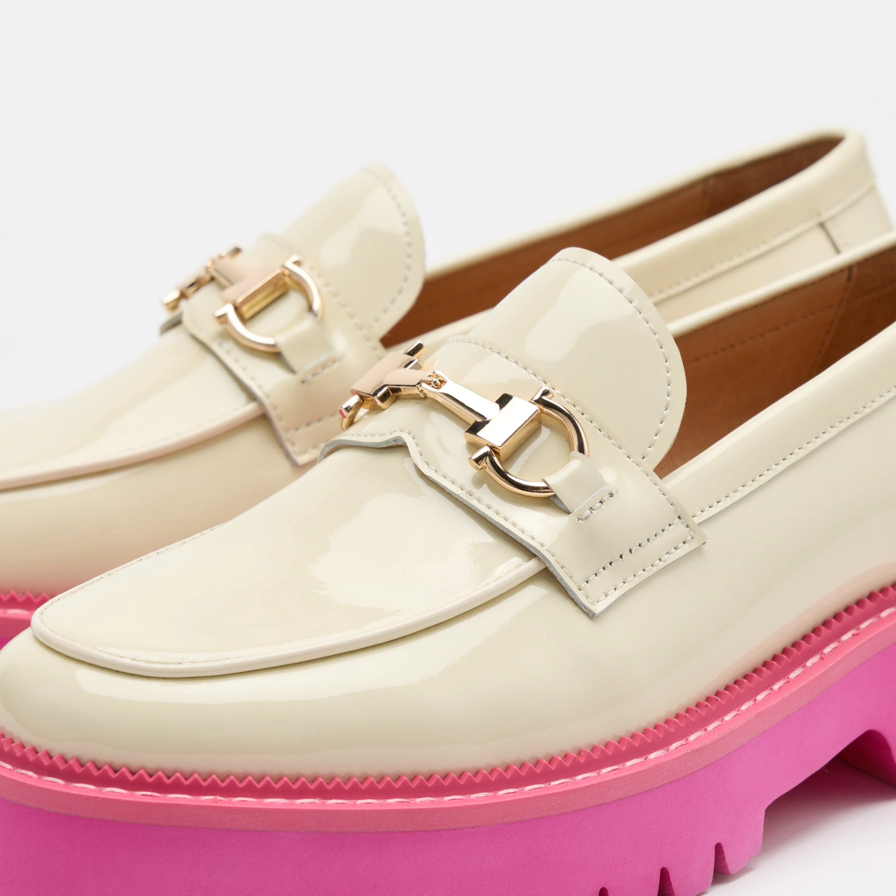 Ms. Boulevard Cream/Pink Patent Leather Bit Loafers - Image 3