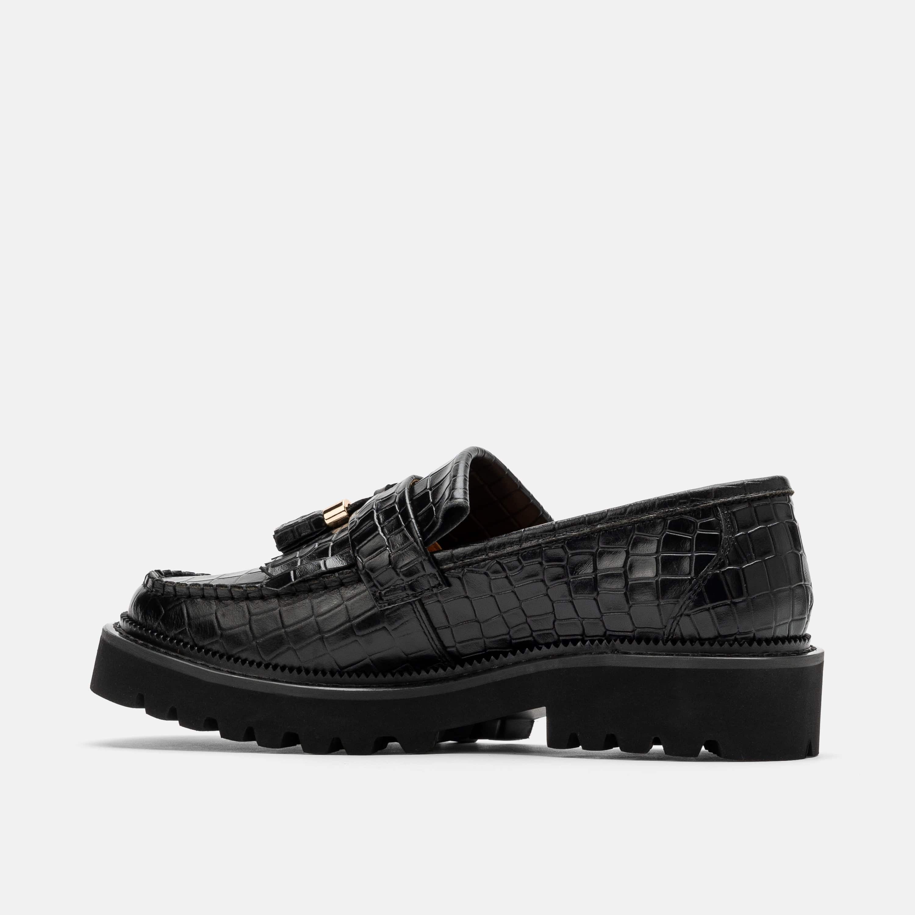 Ms. Journey Black Croc Leather Lug Tassel Loafer - Image 4