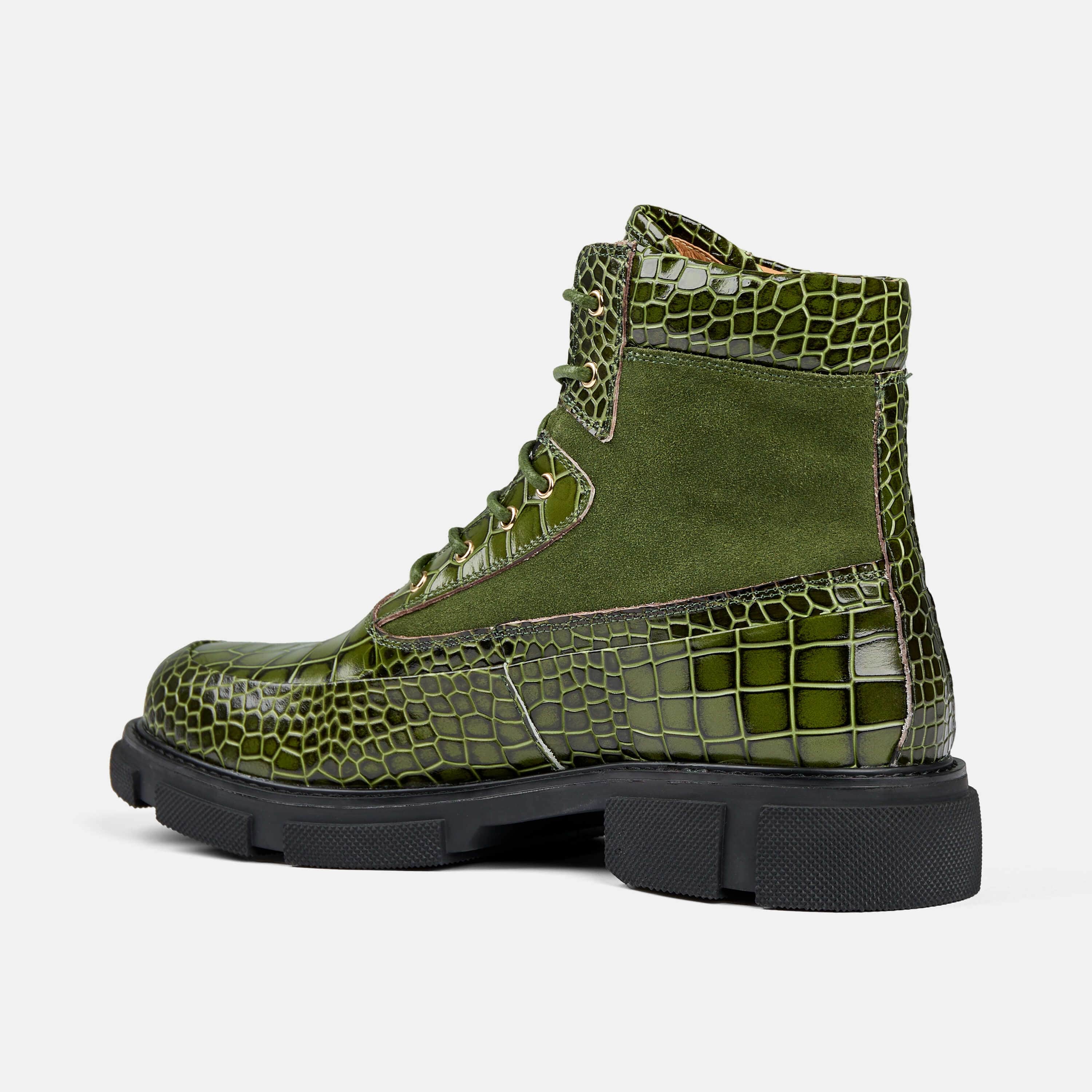 Otis Green Crocskin Leather Combat Boots - Image 4