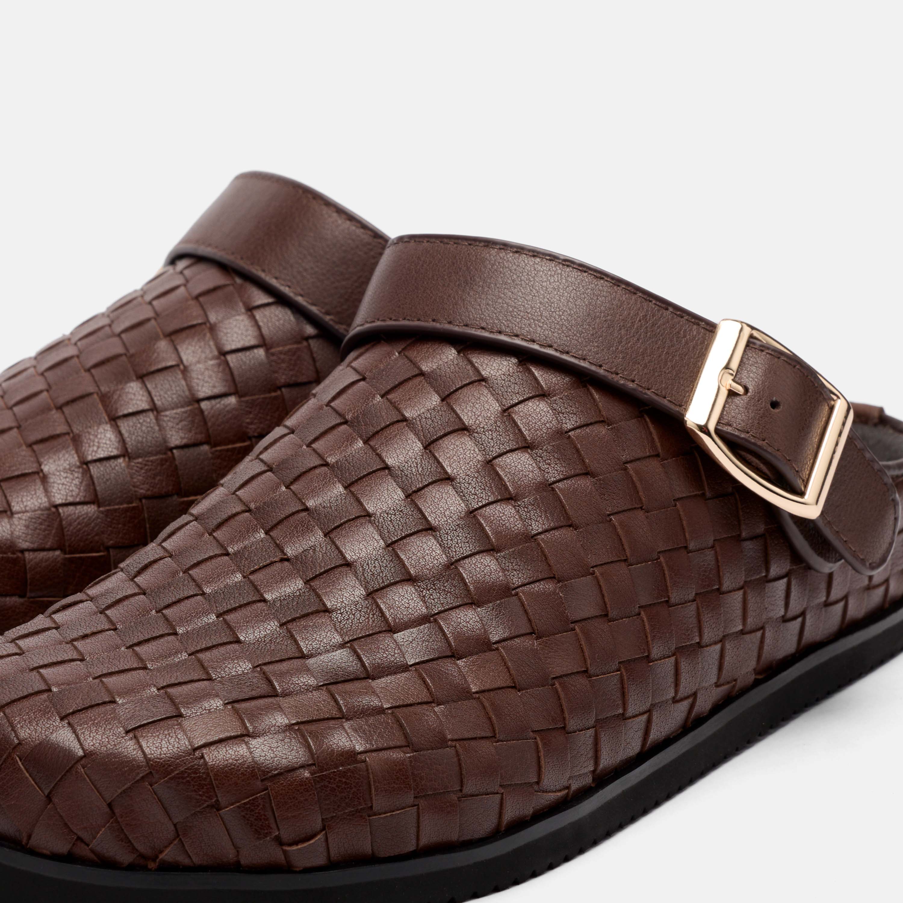 Solana Brown Woven Leather Backstrap Clogs - Image 3